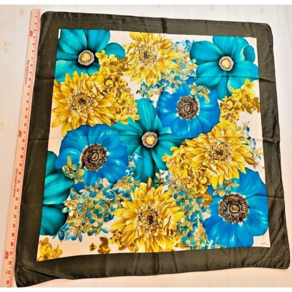 ECHO Blue Yellow Blue Floral 100% Silk Square Scarf 34" Large Vintage